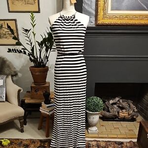 White House Black Market Black and White Sleeveless Halter Maxi Dress